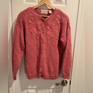Appleseed’s Hand Embroidery Floral  Sweater Cardigan Pullover Rose Pink Sz Med